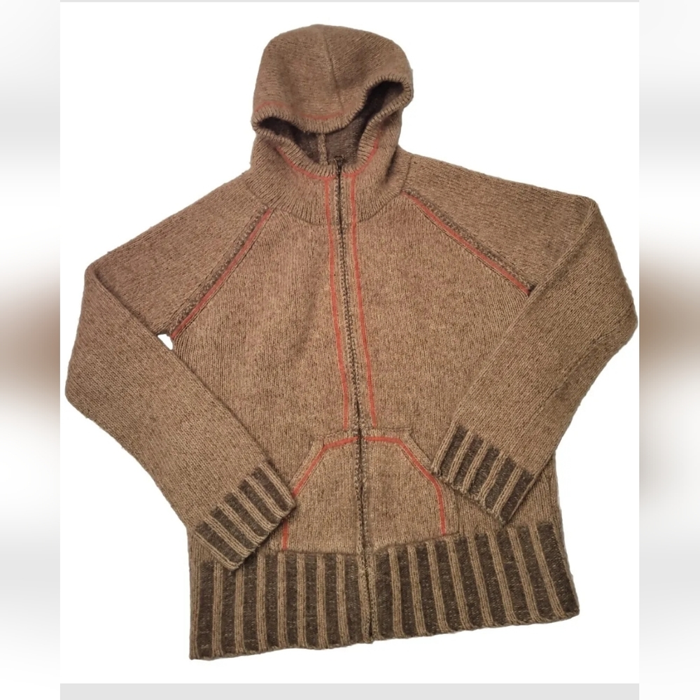BKE Lambs Whool  Thick Tight Knit Brown Hooded Sweater with Red Trim + Pockets